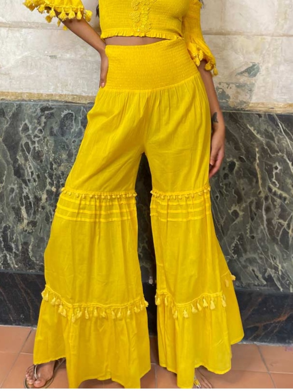 Antica Sartoria Flared Pom Pom Cotton Pants in Purple in Yellow One Size